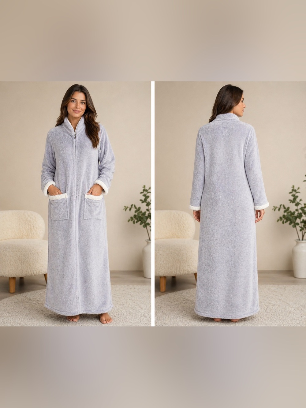 Natori Plush Fleece Purple Robe XS Gray Sherpa Trim Long Cozy Lounge Housecoat